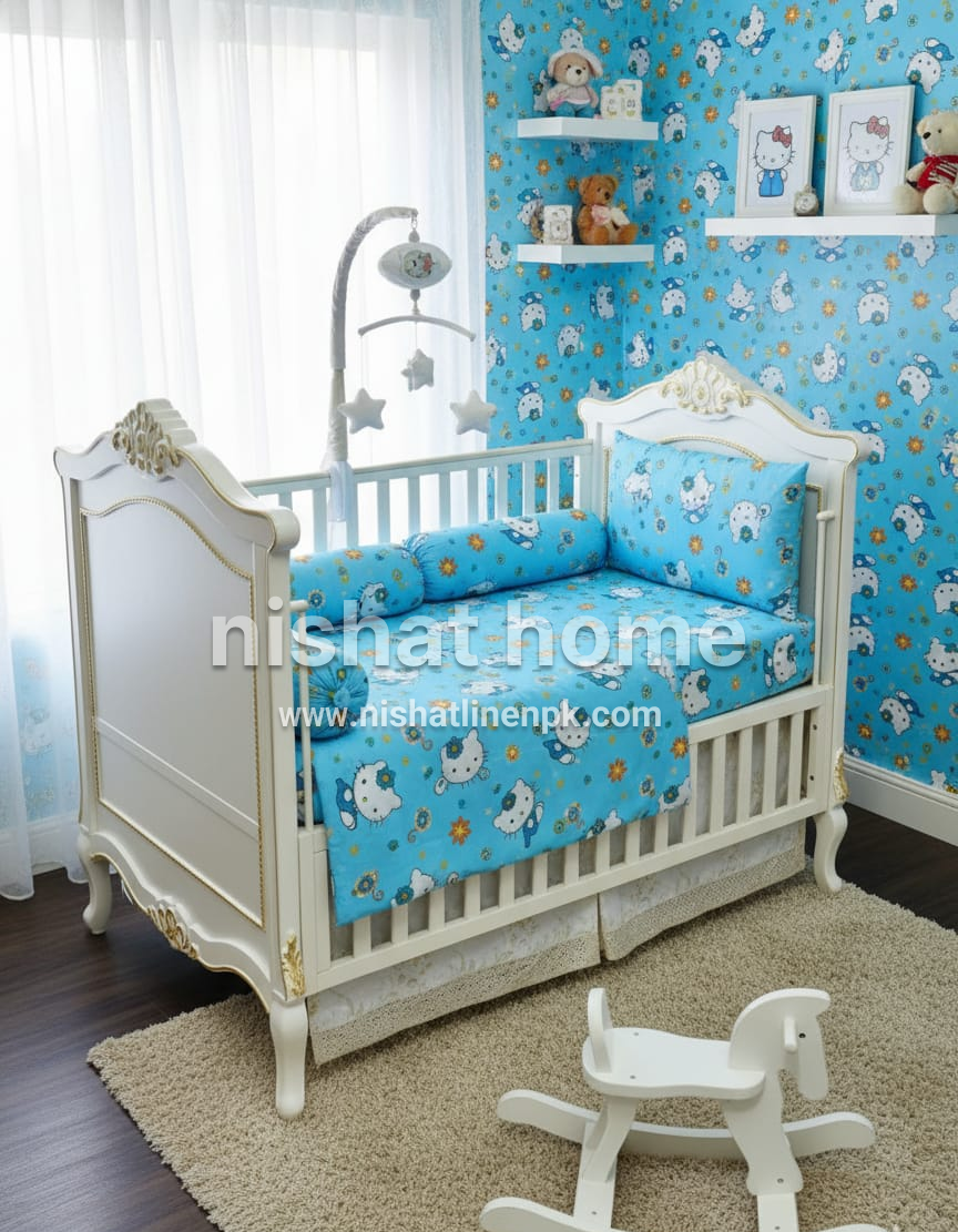 Baby Crib Bedding Set - Blue Kitty - 4pcs - BCS01 – Nishat Home