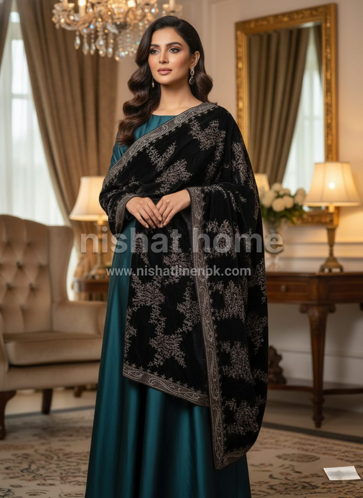 Women Velvet Embroidered Shawl - Black - WVE01