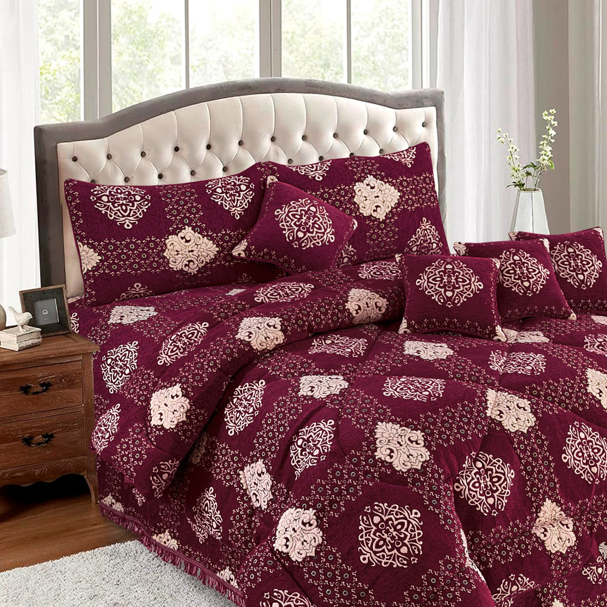 Bryiq Velvet Bridal Quilt Set - 10pcs - Maroon - BVQ05