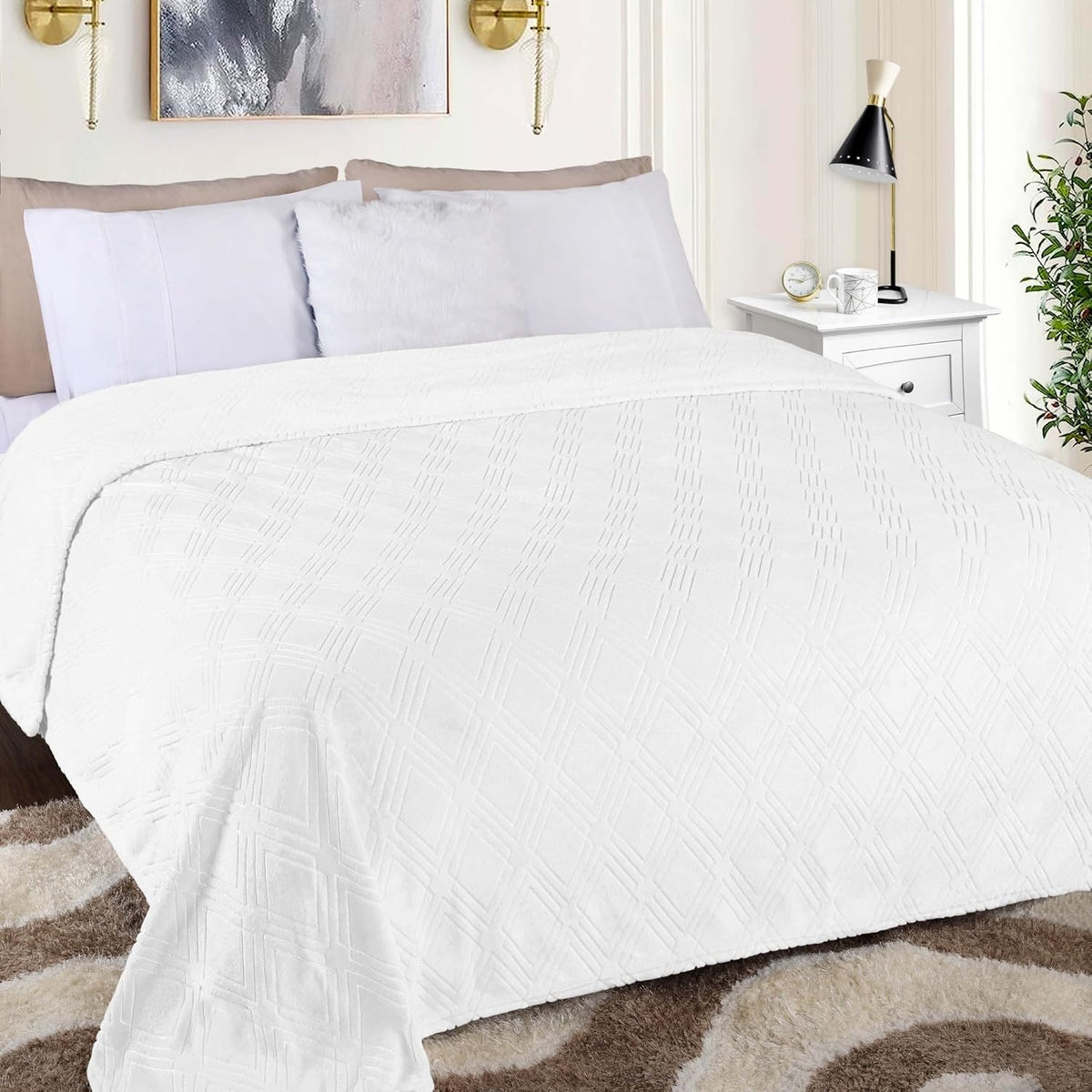 Luxury Plush Embossed Fleece Blanket - King - White - EFB04