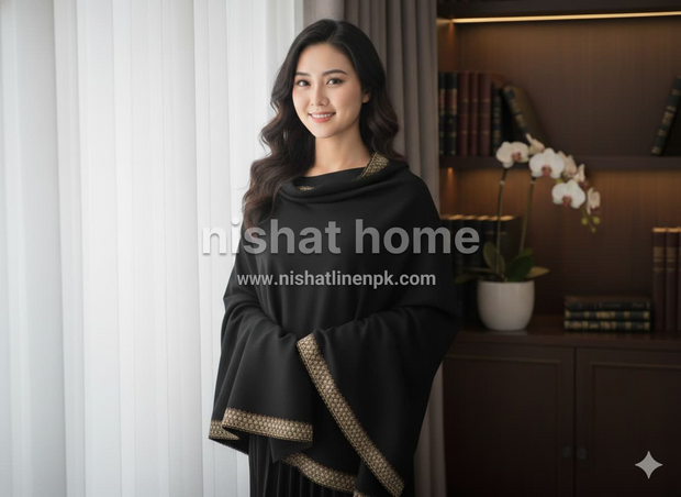 Women Wool Embroidered Shawl - Black - WES04